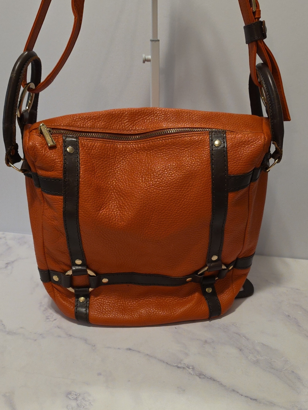 Marco Buggiani Leather Crossbody Bag in Orange with Dark Brown Trim